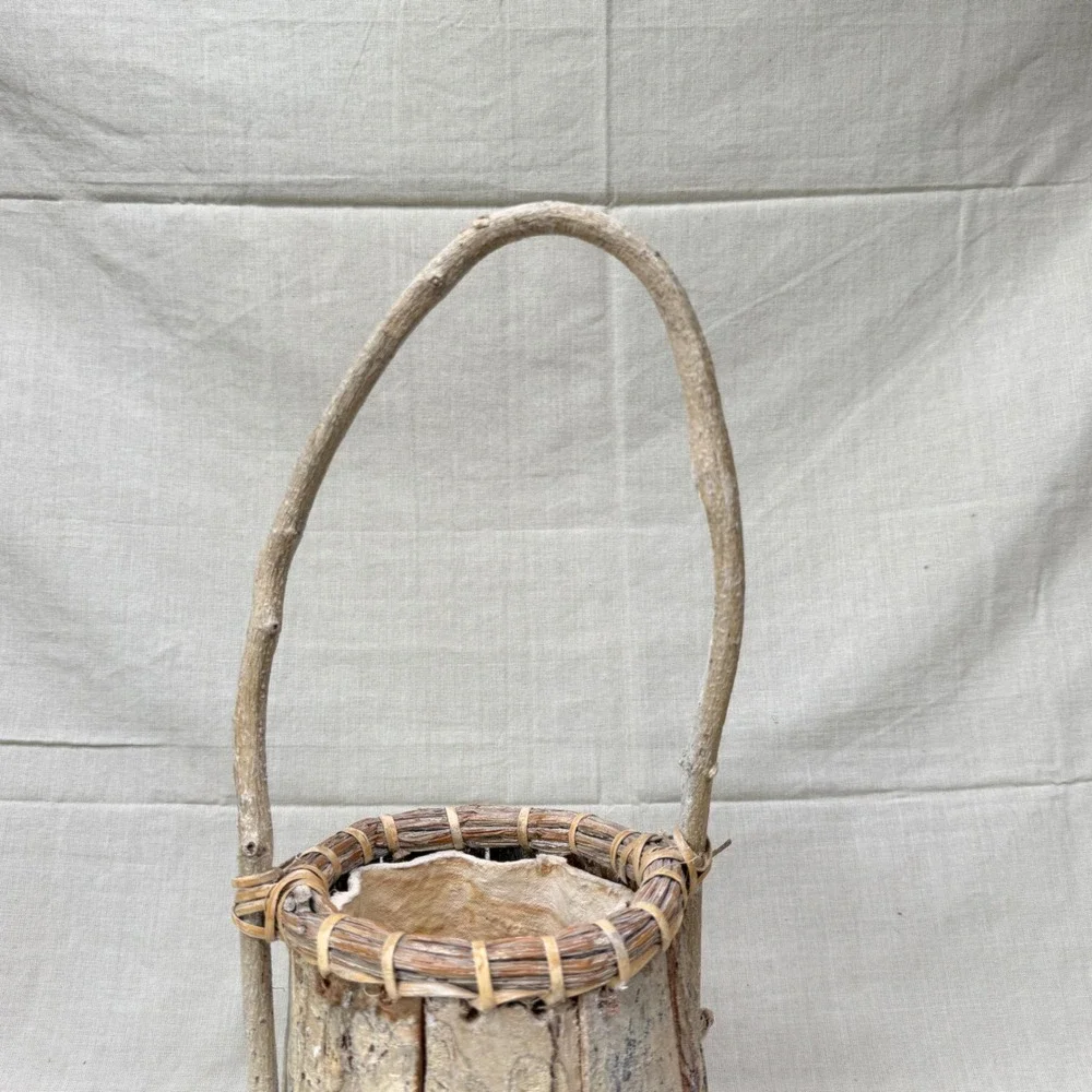 Vintage Bark Planter Basket with Liner Rustic Woodland Cachepot 1970s